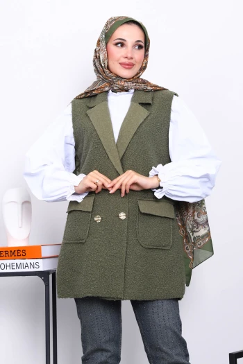 Haki Düğmeli Buklet Yelek