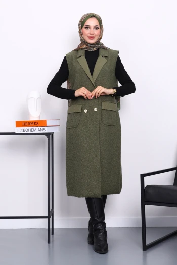 Haki Düğmeli Uzun Buklet Yelek