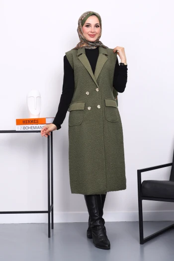 Haki Düğmeli Uzun Buklet Yelek