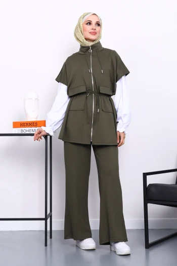 Haki Fermuarlı Yelek Pantolonlu Modal Takım