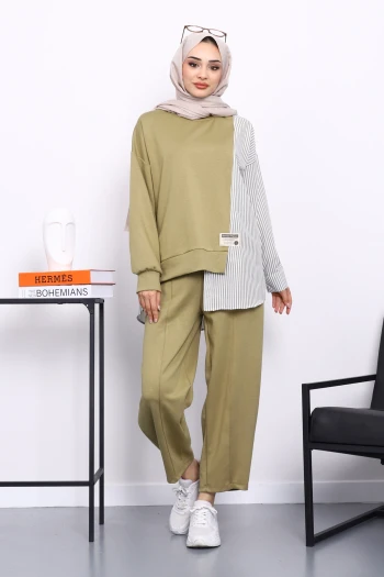 Haki Garnili Tunik Pantolonlu Çizgili Takım