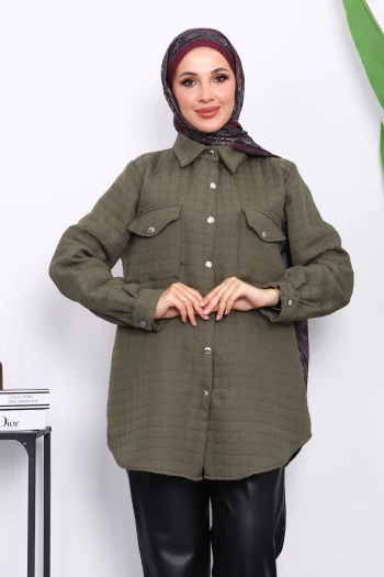 Haki Kapitone Çıtçıtlı Cepli Ceket