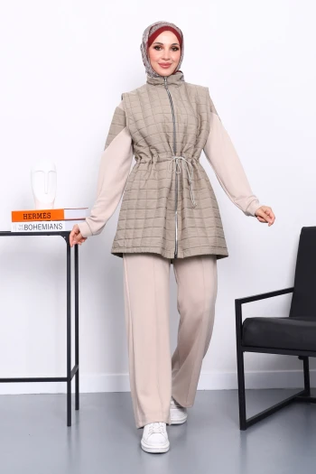 Haki Kapitone Yelek Tunik Pantolonlu Üçlü Takım