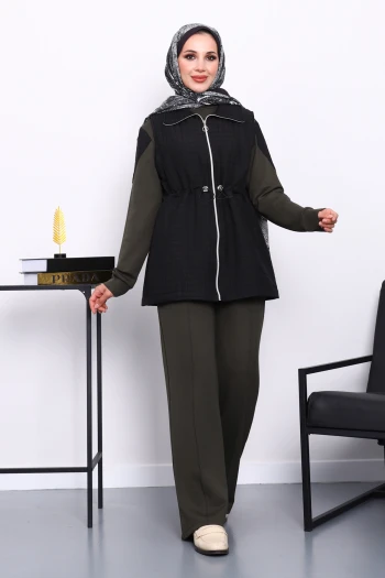 Haki Kapitone Yelekli Tunik Pantolonlu Takım