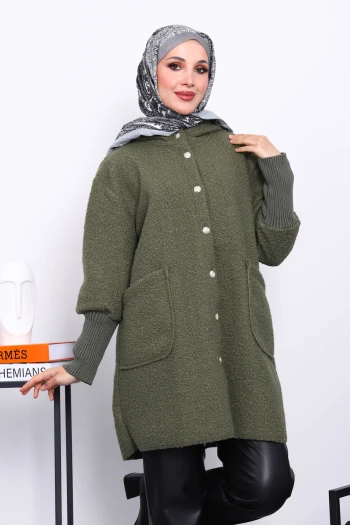 Haki Kapşonlu Buklet Kaban