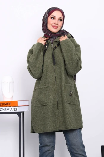 Haki Kapşonlu Cepli Buklet Kaban