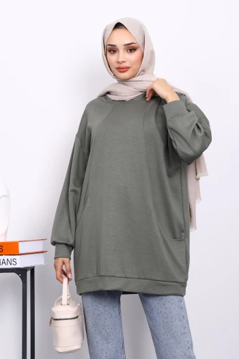 Haki Kapşonlu Çift Cepli Tunik