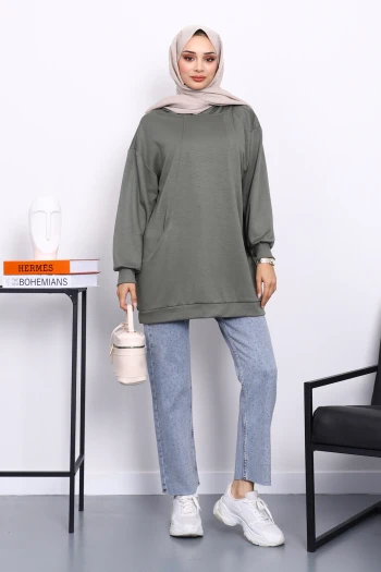 Haki Kapşonlu Çift Cepli Tunik