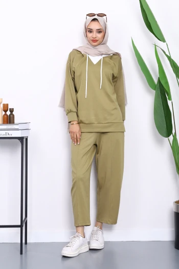 Haki Kapşonlu Tunik Pantolonlu Takım