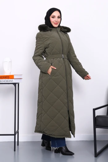 Haki Kapüşonlu Kapitone Uzun Şişme Mont