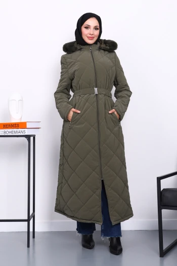 Haki Kapüşonlu Kapitone Uzun Şişme Mont