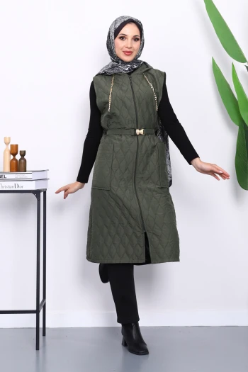 Haki Kapüşonlu Kemerli Kapitone Yelek