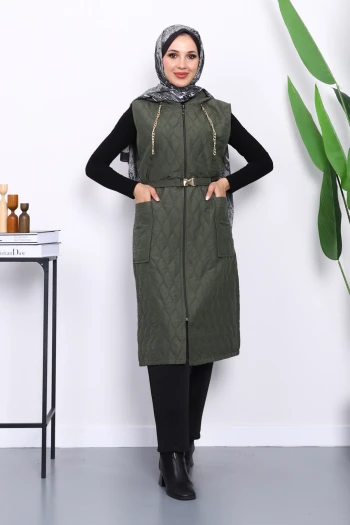 Haki Kapüşonlu Kemerli Kapitone Yelek