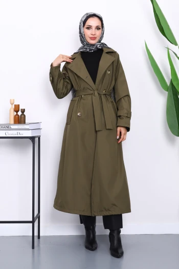 Haki Kravuze Yaka Kuşaklı Astarlı Trençkot