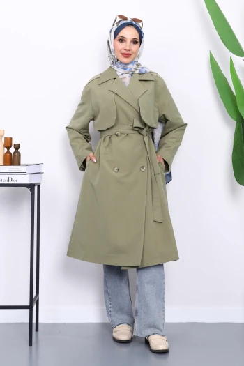 Haki Kravuze Yaka Kuşaklı  Cepli Trençkot