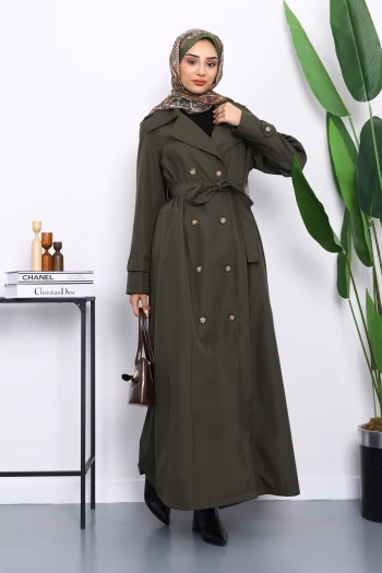 Haki Kruvaze Yaka Apoletli Uzun Trençkot