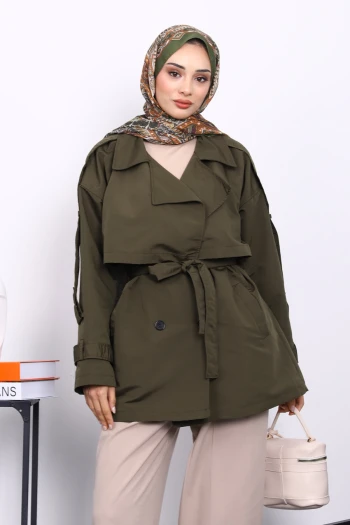 Haki Kruvaze Yaka Astarlı Kısa Trençkot