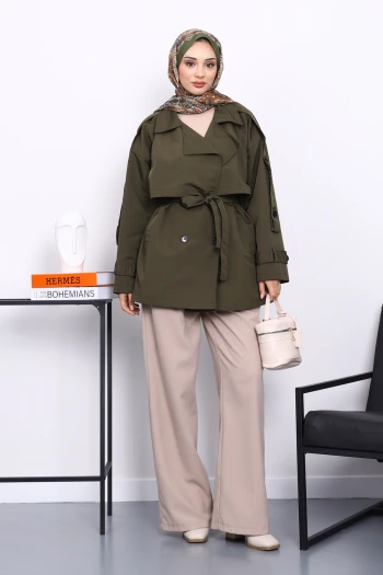 Haki Kruvaze Yaka Astarlı Kısa Trençkot