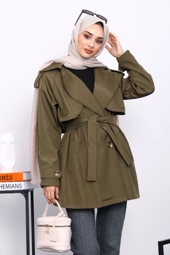 Haki Kruvaze Yaka Astarlı Trençkot