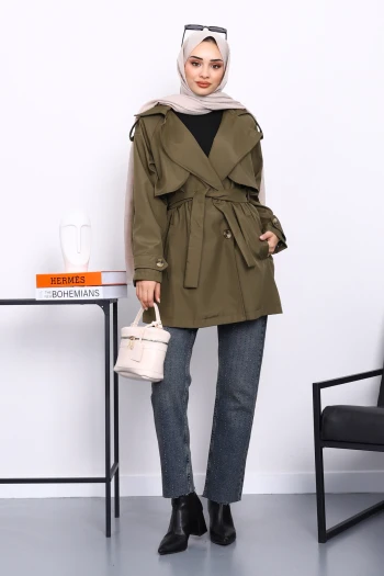 Haki Kruvaze Yaka Astarlı Trençkot
