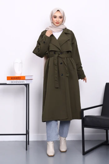 Haki Kruvaze Yaka Astarlı Trençkot