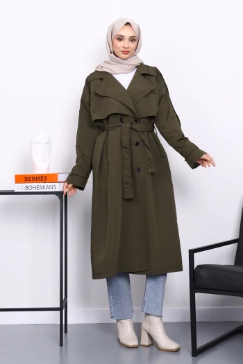 Haki Kruvaze Yaka Astarlı Trençkot