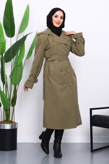 Haki Kruvaze Yaka Astarlı Trençkot