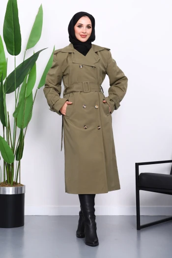 Haki Kruvaze Yaka Astarlı Trençkot