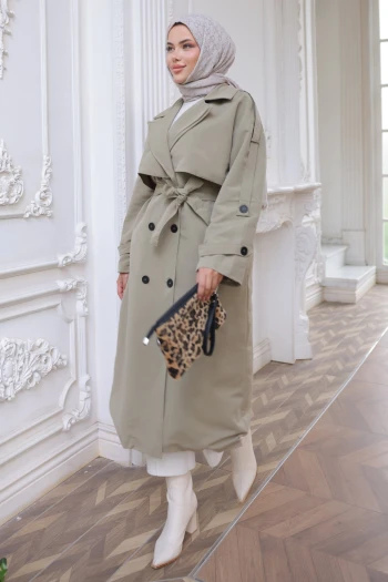 Haki Kruvaze Yaka Bel Kuşaklı Trençkot