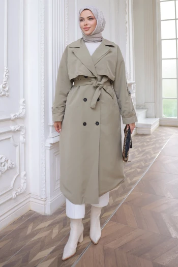 Haki Kruvaze Yaka Bel Kuşaklı Trençkot