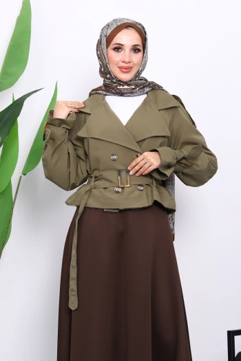 Haki Kruvaze Yaka Kemerli Kısa Trençkot