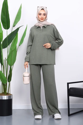 Haki Taşlı Yaka Fermuarlı Tunik Pantolonlu Takım