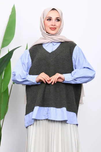 Haki Triko Garnili Gömlek