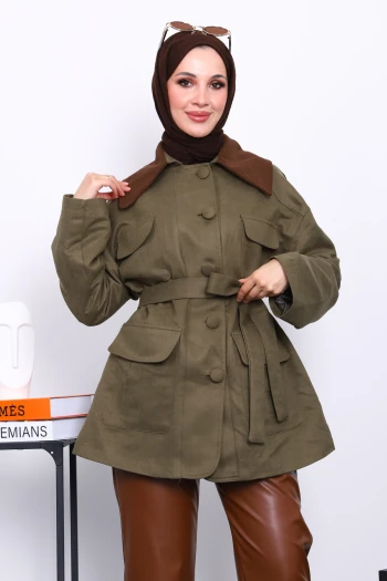 Haki Yaka Garnili Cepli  Kuşaklı Trençkot