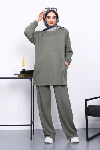 Haki Yan Cepli Omuz Parçalı Alt Çımalı Modal Takım