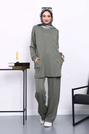 Haki Yan Cepli Omuz Parçalı Alt Çımalı Modal Takım