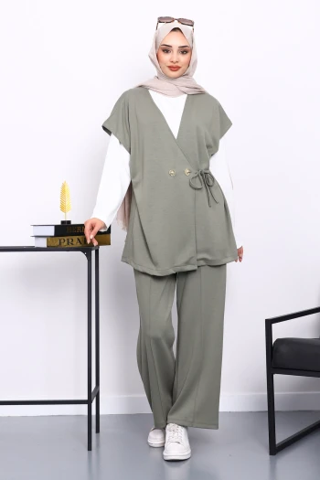 Haki Yelekli Tunik Pantolon Üçlü Takım