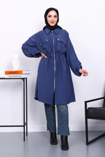 İndigo Bel Kuşaklı Çift Cepli Gabria Kap