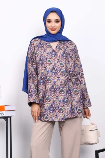 İndigo Etnik Desenli Yan Bağlamalı Kimono Ceket