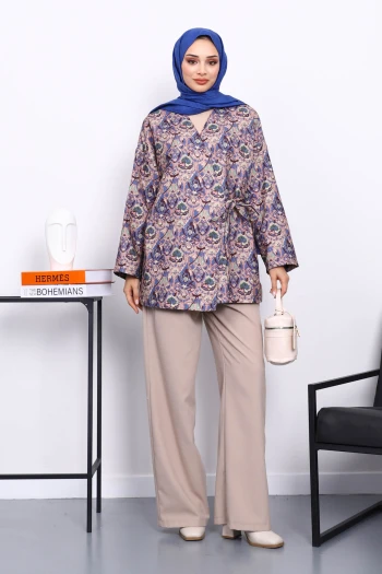 İndigo Etnik Desenli Yan Bağlamalı Kimono Ceket