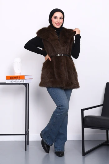 Kahverengi Astarlı Kemerli Kürk Yelek