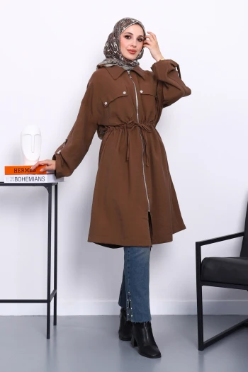 Kahverengi Bel Kuşaklı Çift Cepli Gabria Kap