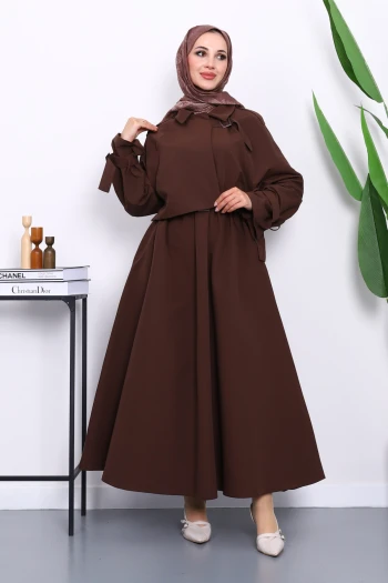 Kahverengi Bel Lastikli Kemerli Trenç Elbise