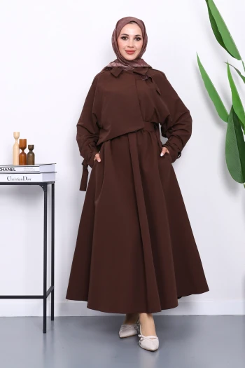 Kahverengi Bel Lastikli Kemerli Trenç Elbise