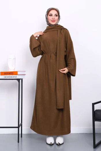 Kahverengi Bisiklet Yaka Bel Kuşaklı Elbise