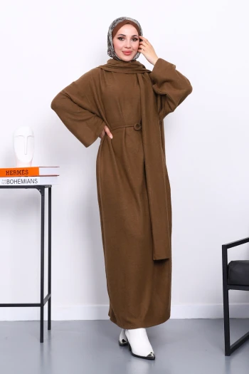 Kahverengi Bisiklet Yaka Bel Kuşaklı Elbise