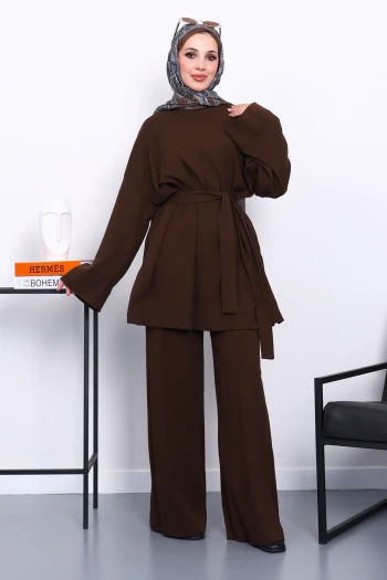 Kahverengi Bisiklet Yaka Yan Yırtmaçlı Takım