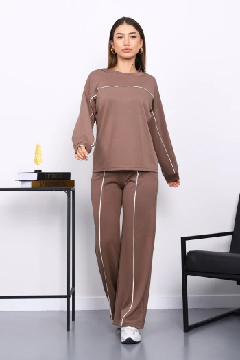 Kahverengi Biye Detaylı Sweat Pantolonlu Takım