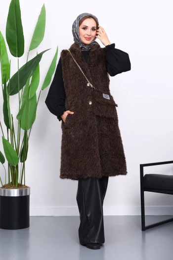 Kahverengi Çanta Detaylı Angora Yelek