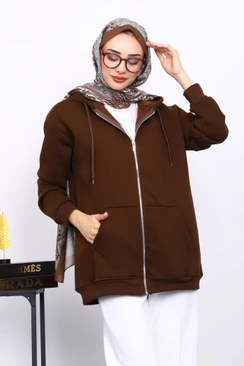 Kahverengi Cepli Fermuarlı Üç İplik Kapşonlu Sweat